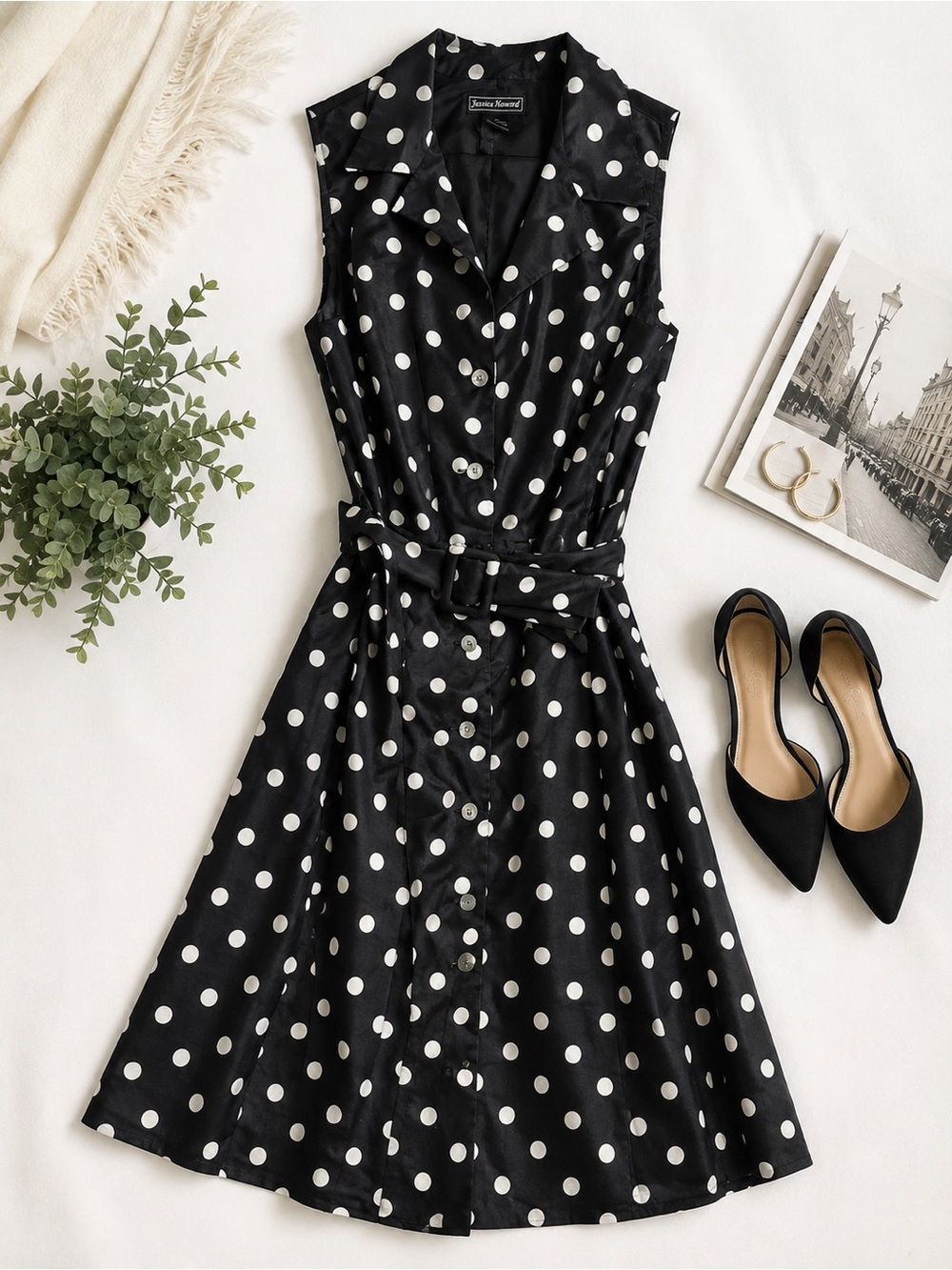Jessica Howard Black & White Polka Dot Belted Midi Dress Size 14
